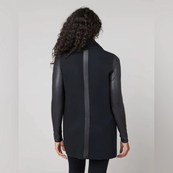 SPANX Faux Leather Convertible Jacket Black Coat Snap Drape Front Size XS - Picture 11 of 12